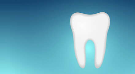 Human molar tooth white color. Blue background. Copy space