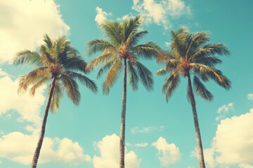 Fototapeta premium Tropical palm trees silhouetted against a bright blue sky with fluffy clouds in a serene tropical setting