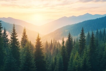 Obraz premium Mountain landscape with vibrant sunlight filtering through evergreen trees