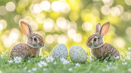 Obraz premium Spring bunnies Easter eggs meadow bokeh