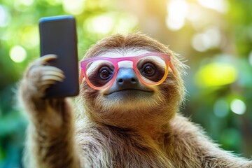 Sloth wearing colorful glasses taking a selfie in a lush tropical setting during daylight