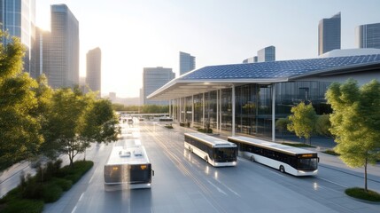 Modern city busses on urban street with sustainable infrastructure