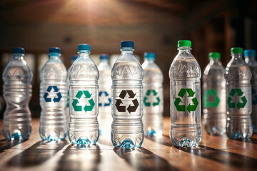 Water bottles with recycling symbol on wooden table with a light shining on them , Waste recycling concept
