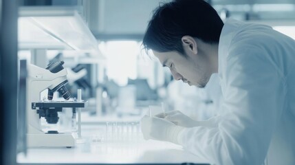 A scientist working in a stem cell research lab, high-tech biotechnology environment with microscopes and lab-grown tissue samples, High-tech style