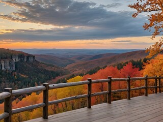 Fototapeta premium Vibrant Autumn Landscape Overlooking Multi-Colored Trees and Rolling Hills at Sunset