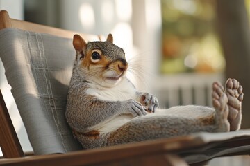 Obraz na płótnie Canvas Squirrel relaxing comfortably on a chair in a warm outdoor setting during sunny afternoon hours