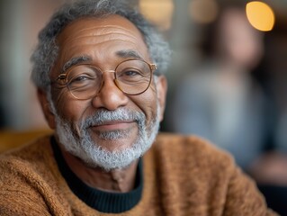 Elderly Man's Joyful Portrait: Happy Senior Citizen with Glasses Enjoys Warmth and Community Connection