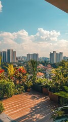 Fototapeta premium Lush Rooftop Garden with City View Under Bright Blue Sky