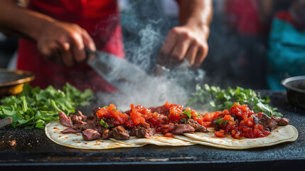 Vendor grilling meat for tacos on a street cart, vibrant toppings like salsa and cilantro waiting to be added, moody street lighting, authentic taco making theme