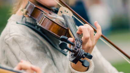 hands of a street musician girl with violin close up © Sofiia