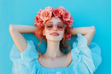 Woman with flower crown enjoys sunny day against blue wall while wearing stylish sunglasses and a light blue outfit