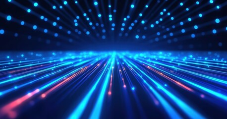 A futuristic background with blue glowing lines and dot light spots, used for designs and reports related to technology, data transmission, network connections, and future tech.
