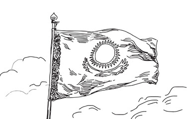 Hand drawn sketch of waving flag of Kazakhstan with ornamental patterns on sky background Independence day. Vector illustration