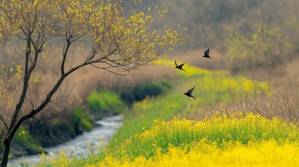 Fototapeta premium Birds soar above a spring stream amidst vibrant yellow flowers