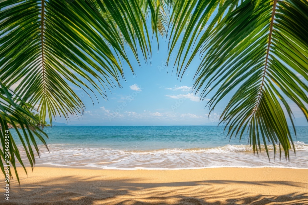 Poster sunlight filters through palm leaves at a serene beach on a clear day