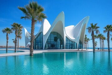 Naklejka premium Unique modern architecture by the water under a clear blue sky with palm trees framing the view