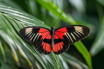 Obraz premium Colorful butterfly resting on tropical leaves in a lush garden during daylight hours