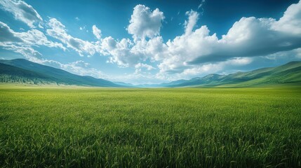 Fototapeta premium Expansive green meadow under clear blue sky with clouds and distant mountain range