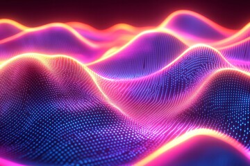 Colorful waves of digital light create a mesmerizing display in a futuristic landscape