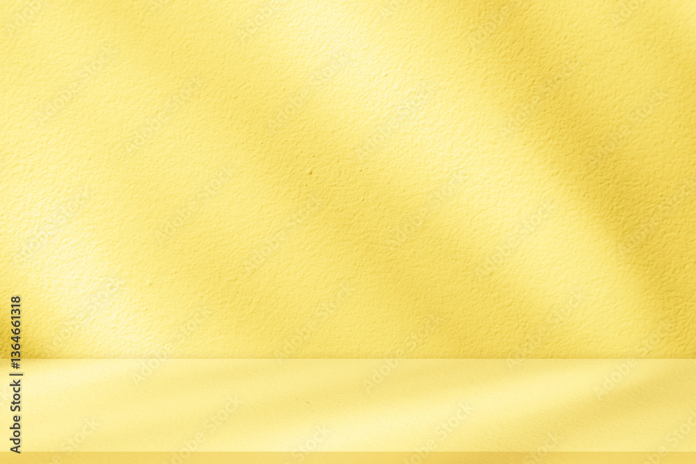 Poster Yellow background with light and shadow of leaf effect on studio concrete wall texture for Autumn banner,Backdrop empty kitchen cement wall room with blur natural sunlight on for floor product design