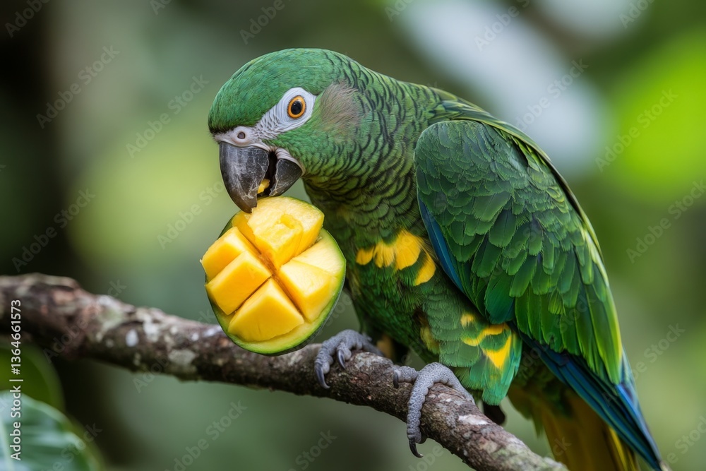 Poster vibrant green parrot enjoys a piece of ripe mango perched on a branch in a tropical setting