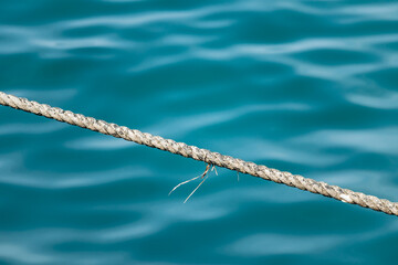 Tensioned maritime rope with the azure Mediterranean Sea in the background
