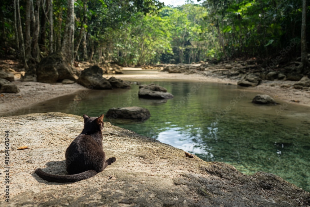 Poster black cat resting on a rock near a calm river in a lush green forest during daylight hours