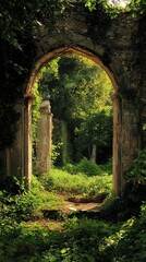 Obraz premium Lush Overgrown Ruins with Crumbling Arch in Serene Environment