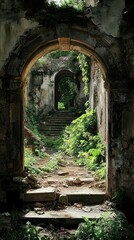 Obraz premium Overgrown Archway Leading to Secret Crumbling Ruins in Nature