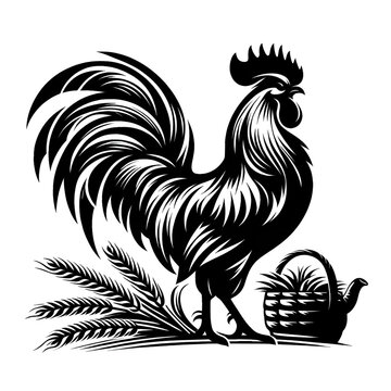 black rooster standing near wheat and basket clip art preview