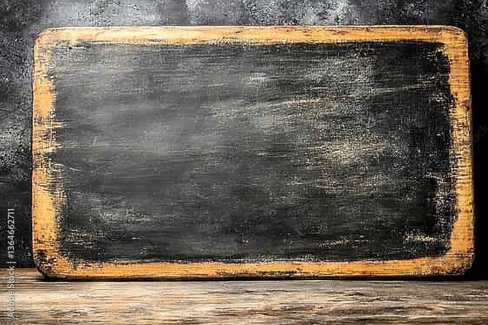Poster vintage chalkboard resting on a rustic wooden table with a textured background