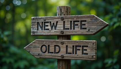 New Life vs Old Life Wooden Signpost &ndash; Inspirational Direction Concept on Rustic Wood Background.