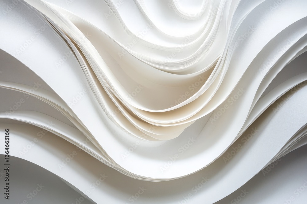 Poster Paper layers create flowing abstract design in soft white tones, showcasing depth and texture in a creative expression