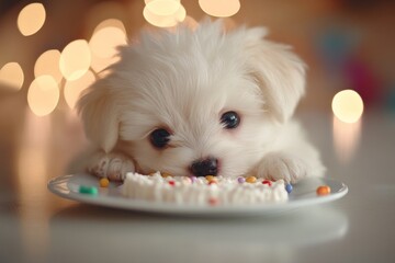 Adorable puppy enjoys plate of cake at a celebration in a cozy, warmly lit interior