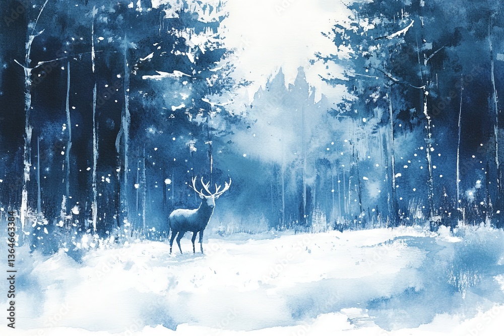 Poster majestic stag stands in a snowy forest with trees shimmering under winter light at dusk
