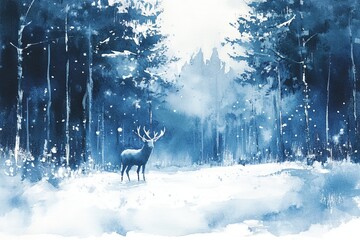 Majestic stag stands in a snowy forest with trees shimmering under winter light at dusk