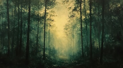 Naklejka premium Misty forest pathway in dense greenery with tall trees and soft light