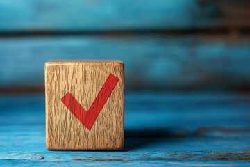 Wooden block with a red check mark on a blue background in a conceptual style representing approval or completion