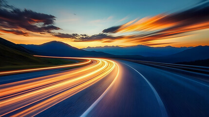 High-speed road with motion blur, beautiful sunset, and mountains in the background