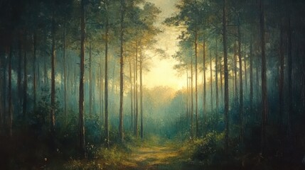 Fototapeta premium Serene forest pathway at dawn with sunlight filtering through tall trees