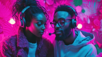 African American blogger recording a podcast with a female co-host in a modern studio.