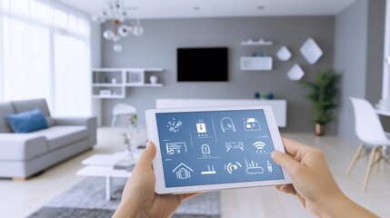 A smart home system being controlled through a tablet, modern living room with IoT devices and voice control interfaces, High-tech style