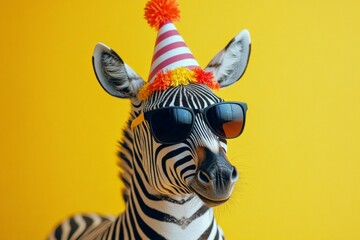 Zebra wearing sunglasses and a party hat against a bright yellow background in a festive atmosphere