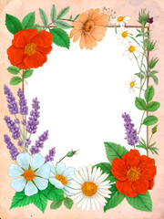 Floral Frame with Poppies, Daisies, and Lavender.
