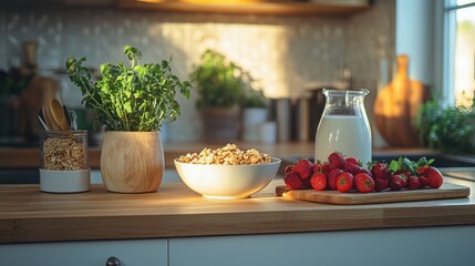 A beautifully arranged kitchen island with a bowl of cereal, a fresh jug of milk, and a cutting board topped with seasonal fruits, ready for a nourishing breakfast.