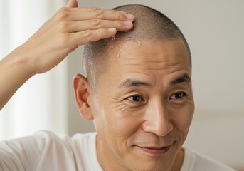 Obraz premium Man applying skincare to bald head for hydration and care