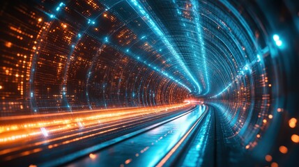 Obraz premium Futuristic neon data tunnel with blue and orange light streaks