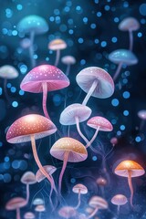 A breathtaking panoramic view of an endless forest of bioluminescent mushrooms, Forest psychedelic mushrooms drawing