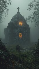 Fototapeta premium Foggy Graveyard with Crumbling Mausoleum and Eerie Atmosphere