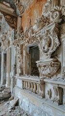 Fototapeta premium Crumbling Palace Walls with Ornate Carvings in Faded State